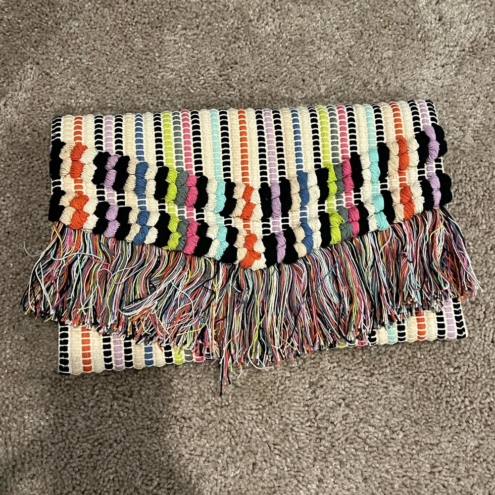 Stella & Dot Multicolor Woven Fringe Clutch